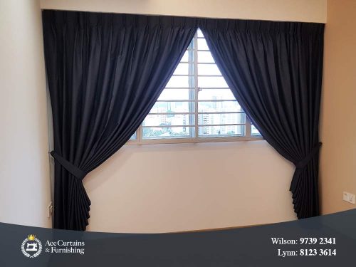 Floor drop dimout window curtains with a standard window.