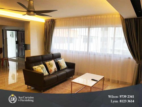 Living room curtain set with sheer day and dim out night curtain.