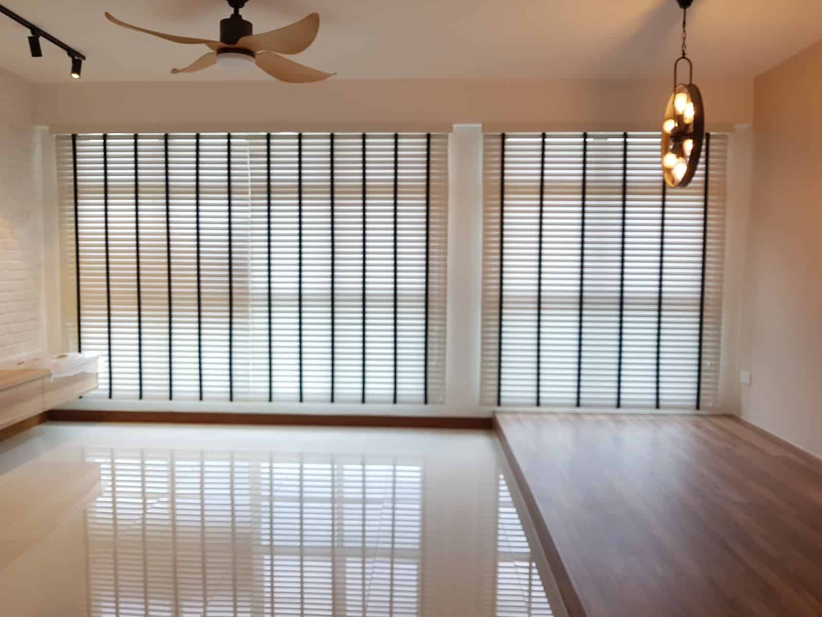 Living room venetian blinds with minimalist interior design.