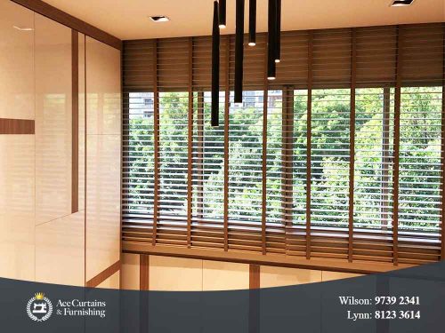 Hougang HDB flat wooden venetian blind for a bedroom tilted open.