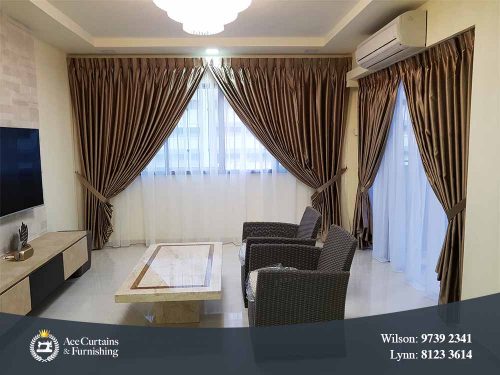 Floor drop day and night curtains for side window and balcony door panel.