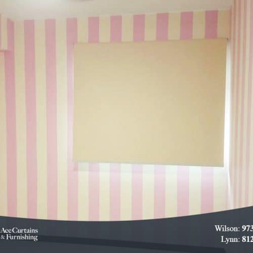Pink white stripes wallpaper with window roller blind for kids bedroom.
