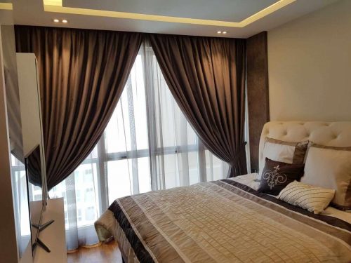 Bedroom copper colour night curtain with grey day curtain