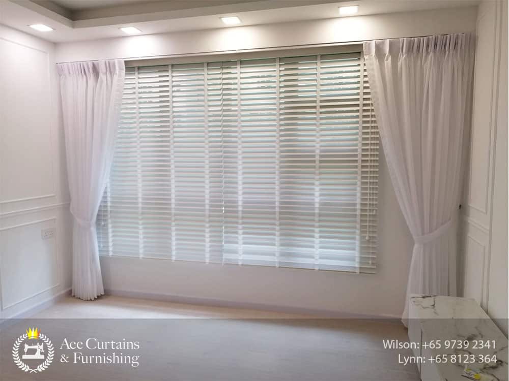 Layering Venetian blinds with day curtains for a themed HDB flat