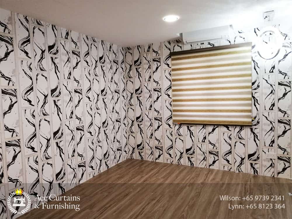 HDB bedroom wallpaper with Korean roller blinds