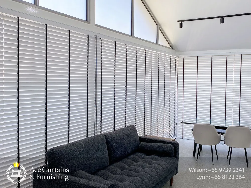 full height white and black venetian blinds