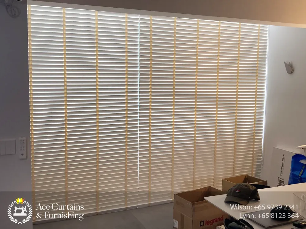 full height white and yellow venetian blinds